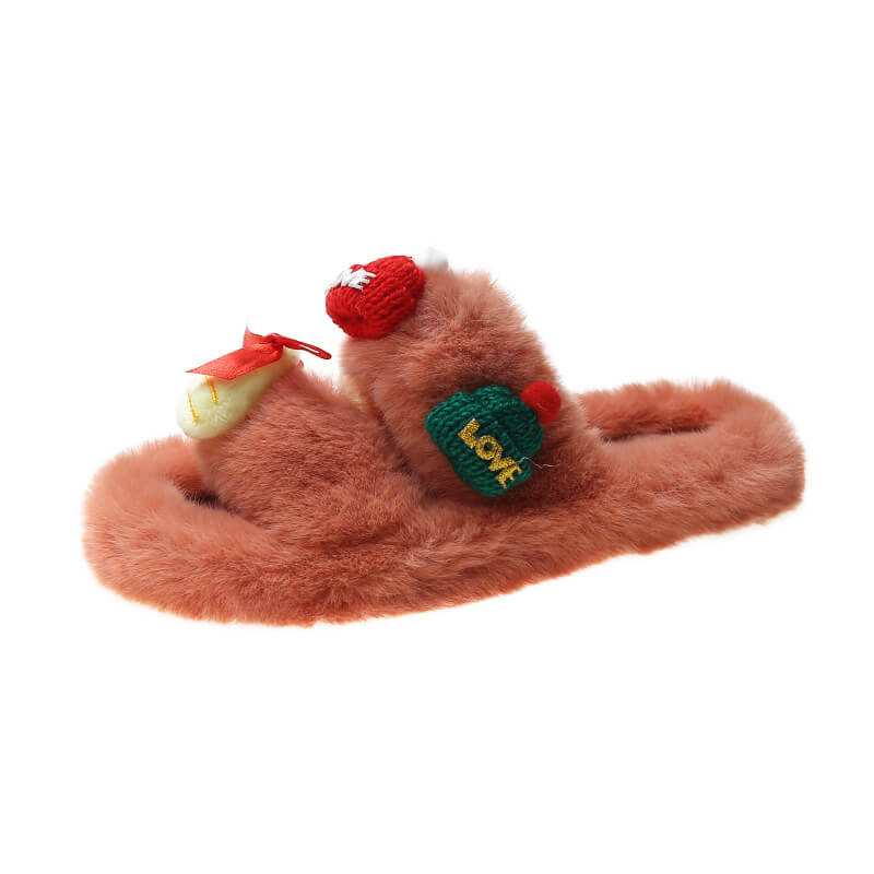 Christmas Plush Slippers Indoor and Outdoor Flat-bottomed Warm Slippers