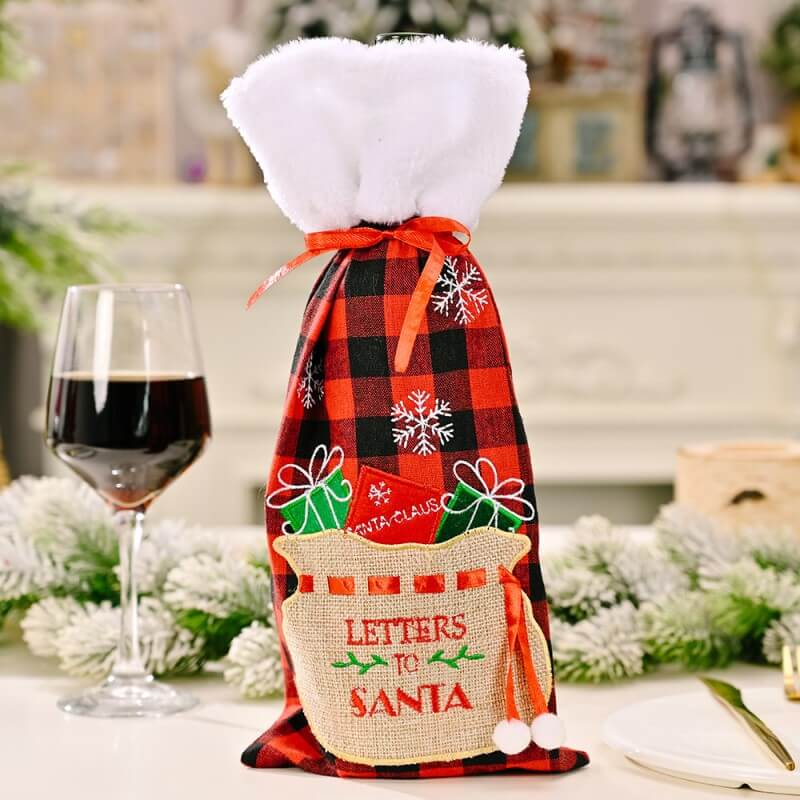 Red and Black Lattice Snowflake Embroidery Christmas Wine Bottle Cover