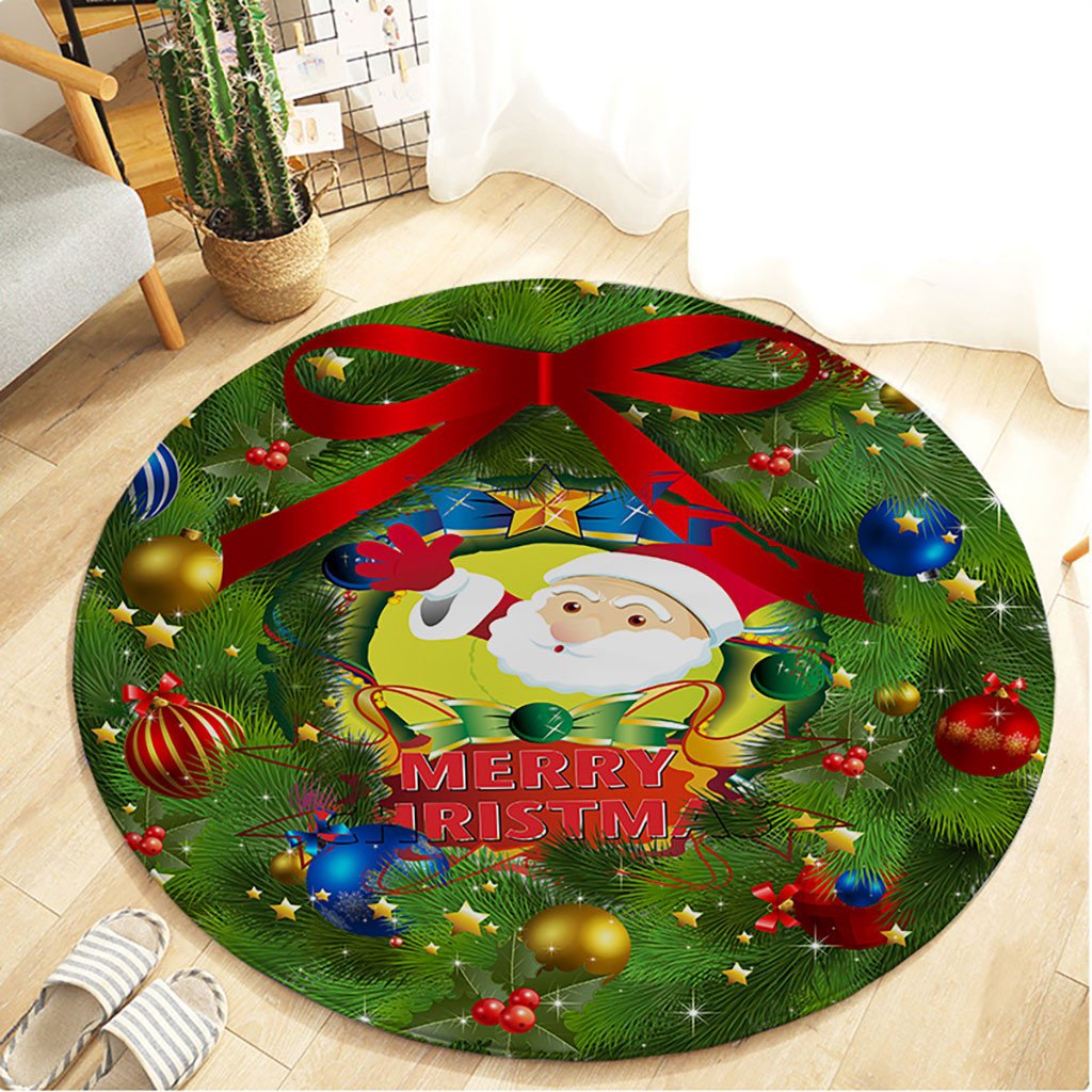 Santa Claus Christmas Holiday Green Round Flannel Kitchen Doormat Bathroom Floor Mats Rugs for Christmas Tree