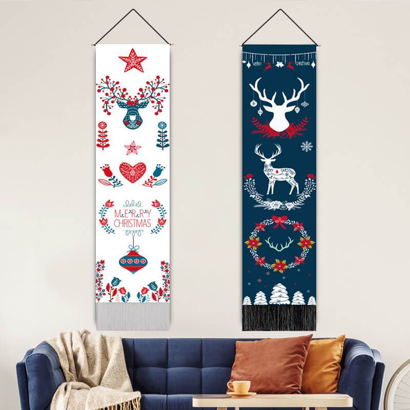 Christmas Fawn Pattern Wall Hanging Tapestry with Tassels, Cotton Tapestries Wall Art for Bedroom