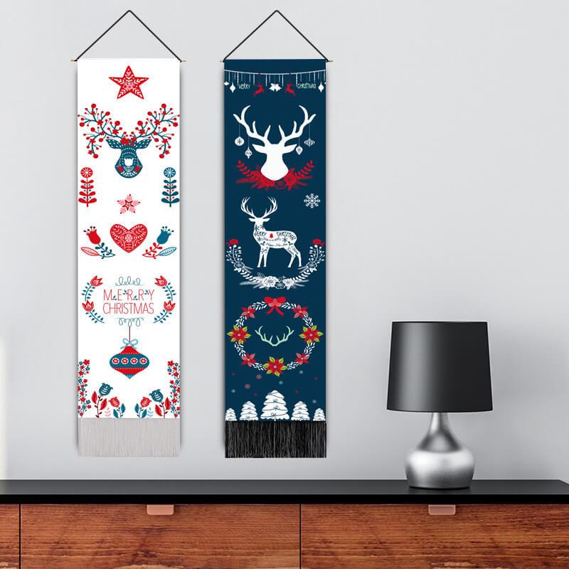 Christmas Fawn Pattern Blue Wall Hanging Tapestry with Tassels, Cotton Tapestries Wall Art for Bedroom