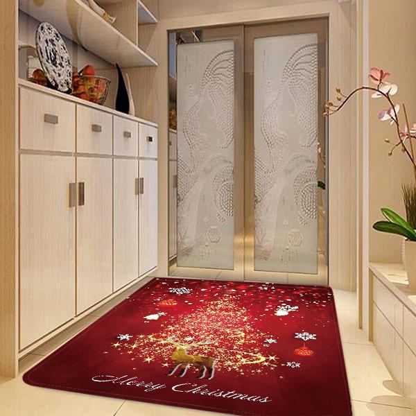 Sparkling Christmas Tree and Elk Pattern Red Christmas Entryway Doormat Runners Rugs Kitchen Bathroom Anti-skip Mats