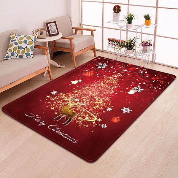 Sparkling Christmas Tree and Elk Pattern Red Christmas Entryway Doormat Runners Rugs Kitchen Bathroom Anti-skip Mats