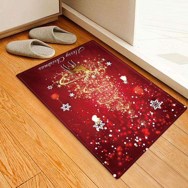 Sparkling Christmas Tree and Elk Pattern Red Christmas Entryway Doormat Runners Rugs Kitchen Bathroom Anti-skip Mats