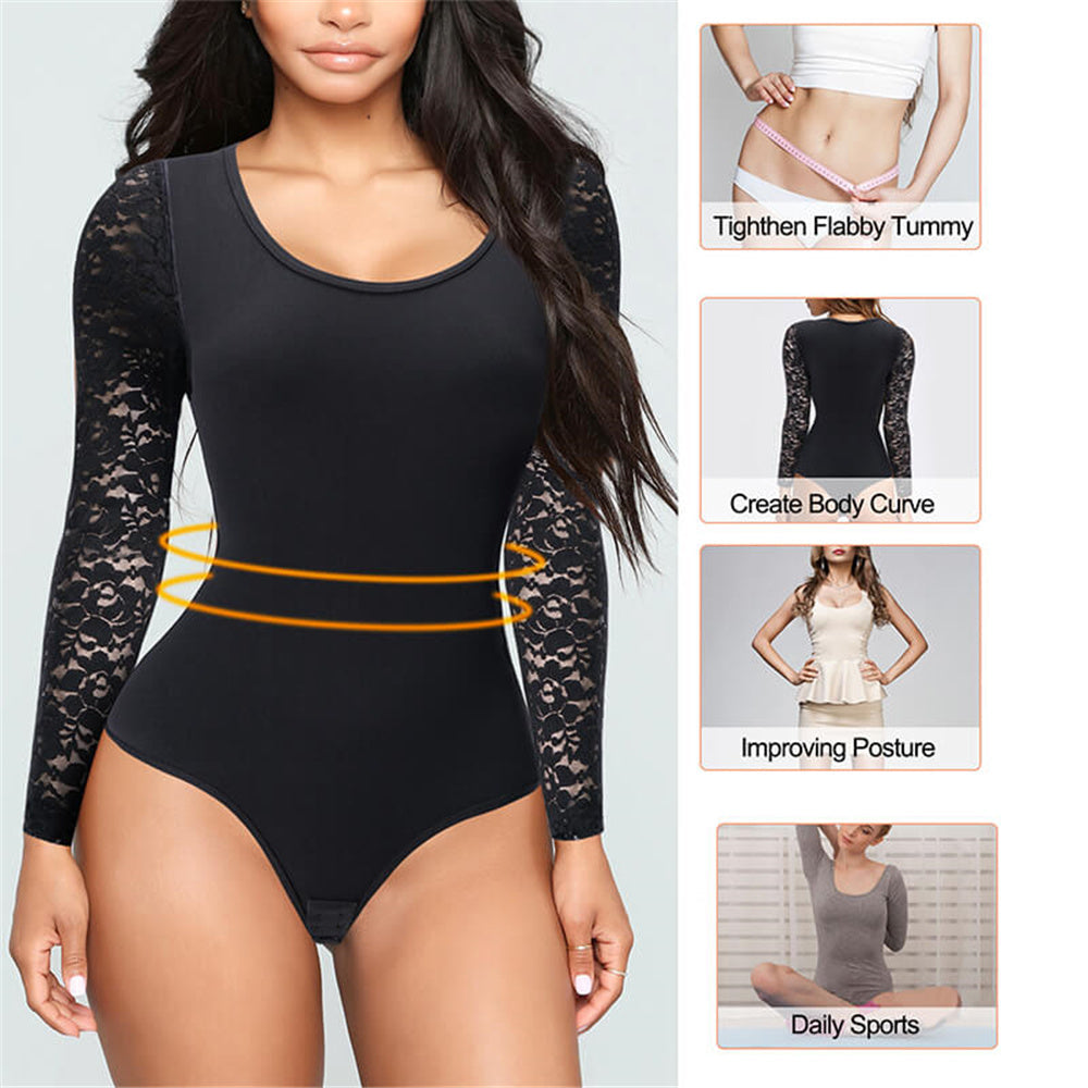 Nebility Long Sleeve Round Neck Lace Leotard