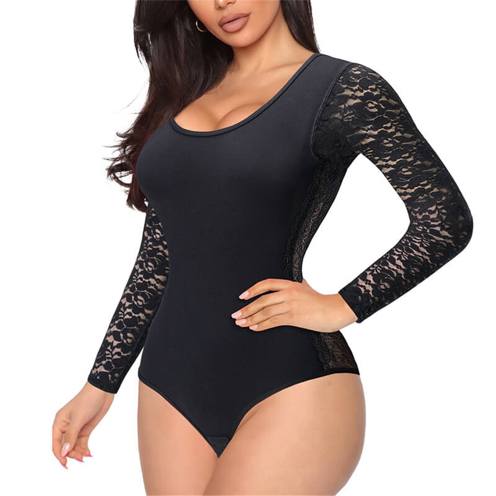 Nebility Long Sleeve Round Neck Lace Leotard