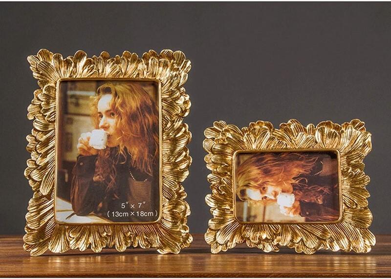 Golden Retro Palm Leaf Handmade Photo Frames Ornaments with High Definition Glass, Family Office Photo Studio Art Picture Frame for Tabletop Stand or Wall Hanging