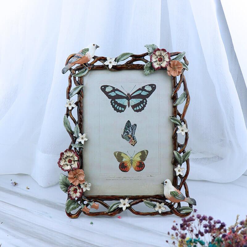 Flower Rattan and Birds Pattern Metal Photo Frames for Table Top Display Home Decor, Friends Gift