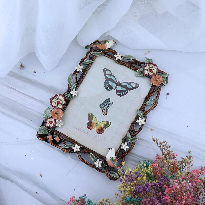 Flower Rattan and Birds Pattern Metal Photo Frames for Table Top Display Home Decor, Friends Gift