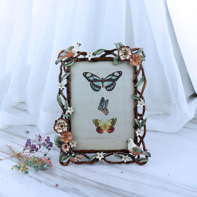 Flower Rattan and Birds Pattern Metal Photo Frames for Table Top Display Home Decor, Friends Gift