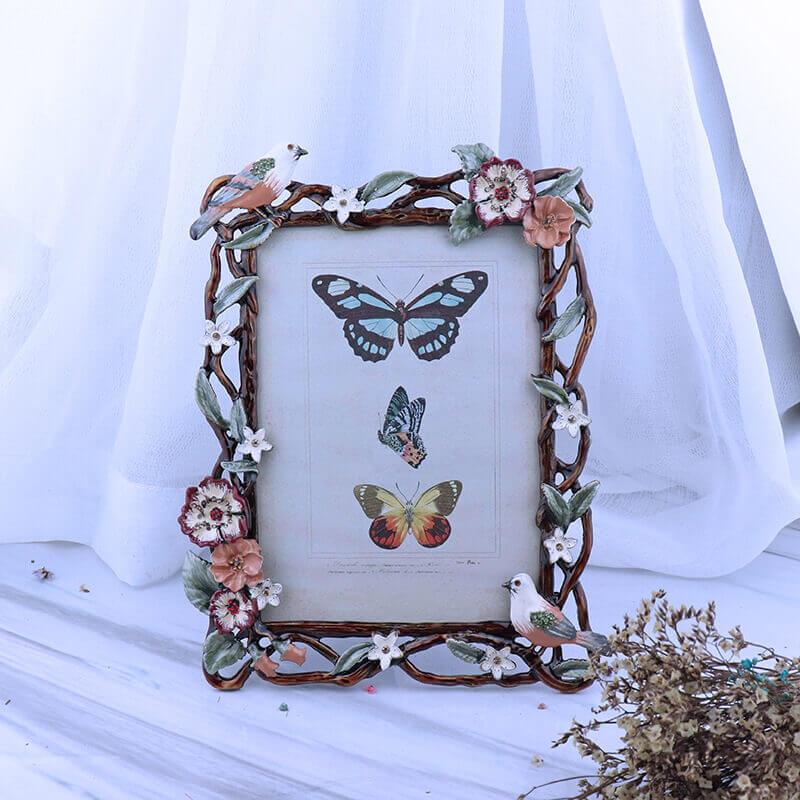 Flower Rattan and Birds Pattern Metal Photo Frames for Table Top Display Home Decor, Friends Gift