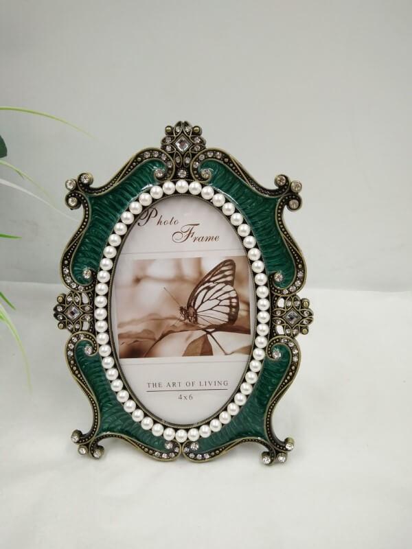 Green Metal Ellipse Pearl Retro Antique Photo Frames for Wall Tabletop Desktop Frame Home Decor Display Pictures