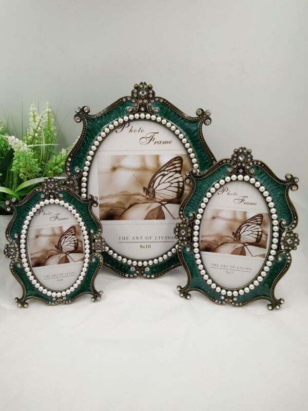 Green Metal Ellipse Pearl Retro Antique Photo Frames for Wall Tabletop Desktop Frame Home Decor Display Pictures