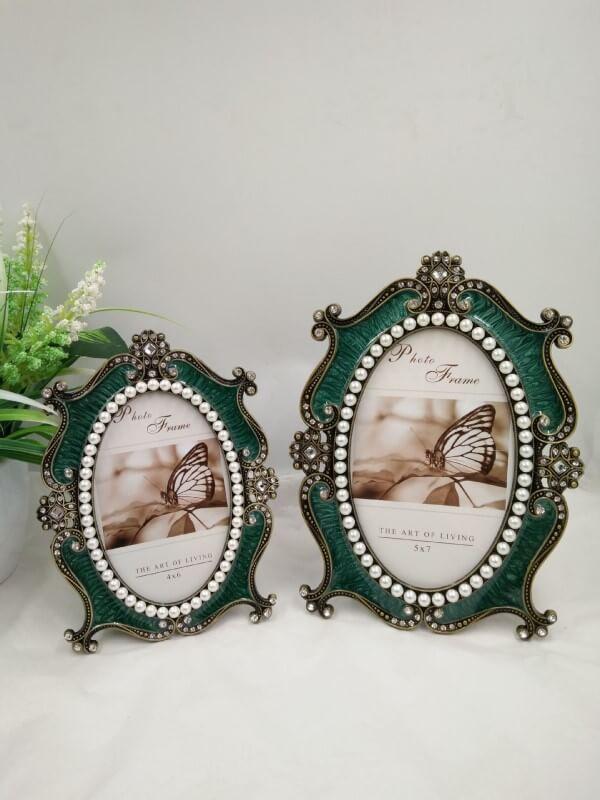 Green Metal Ellipse Pearl Retro Antique Photo Frames for Wall Tabletop Desktop Frame Home Decor Display Pictures