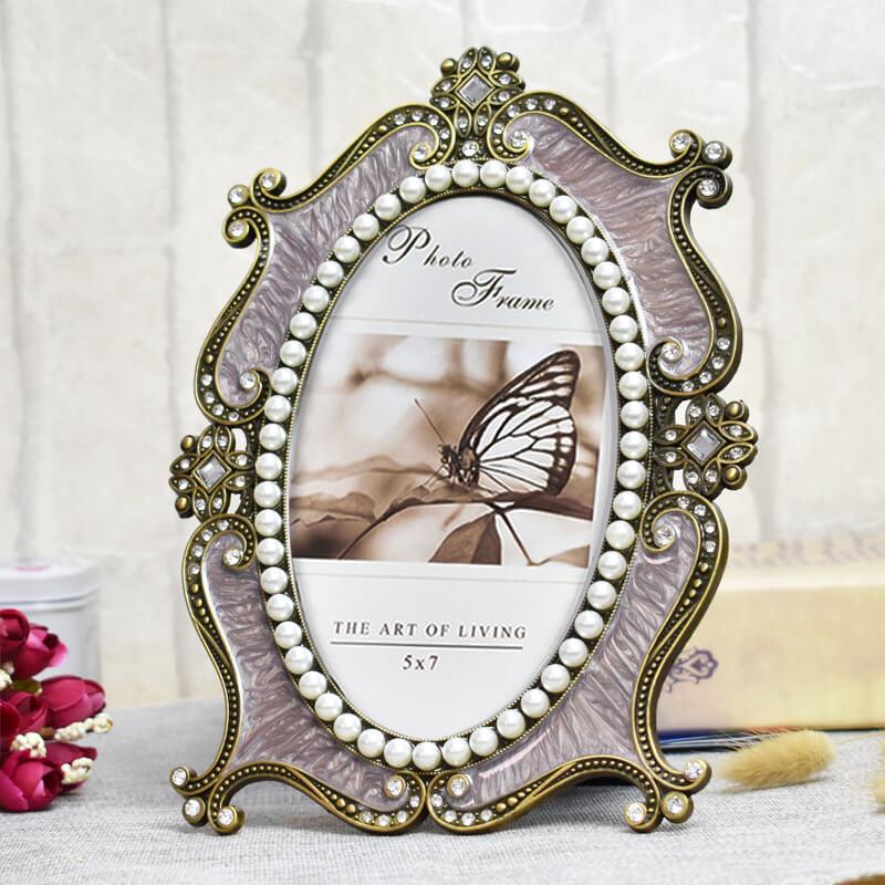 Purple Metal Ellipse Pearl Retro Antique Photo Frames for Wall Tabletop Desktop Frame Home Decor Display Pictures