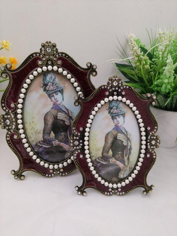 Red Brown Metal Ellipse Pearl Retro Antique Photo Frames for Wall Tabletop Desktop Frame Home Decor Display Pictures