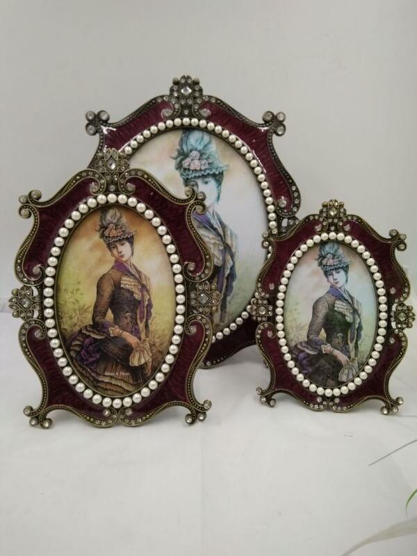 Red Brown Metal Ellipse Pearl Retro Antique Photo Frames for Wall Tabletop Desktop Frame Home Decor Display Pictures