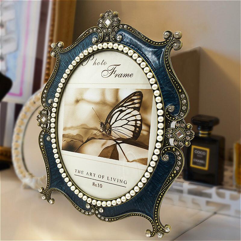 Blue Metal Ellipse Pearl Retro Antique Photo Frames for Wall Tabletop Desktop Frame Home Decor Display Pictures