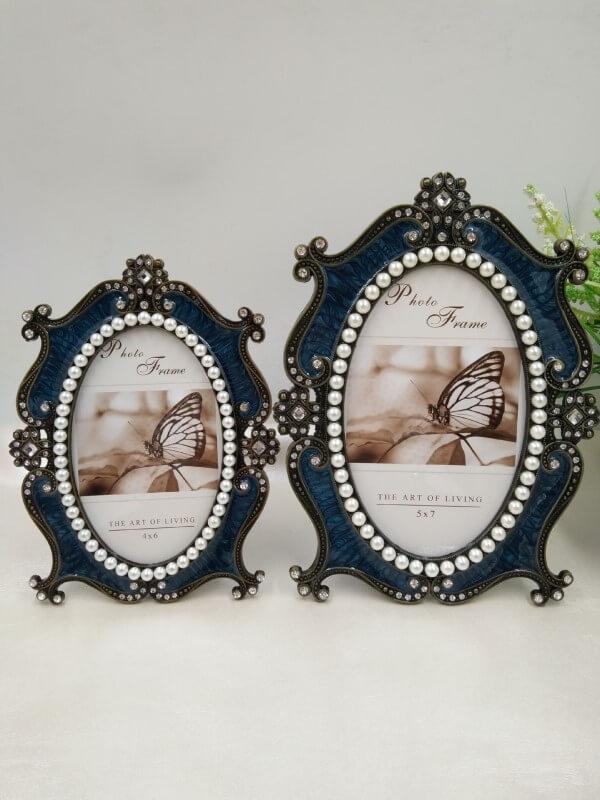 Blue Metal Ellipse Pearl Retro Antique Photo Frames for Wall Tabletop Desktop Frame Home Decor Display Pictures