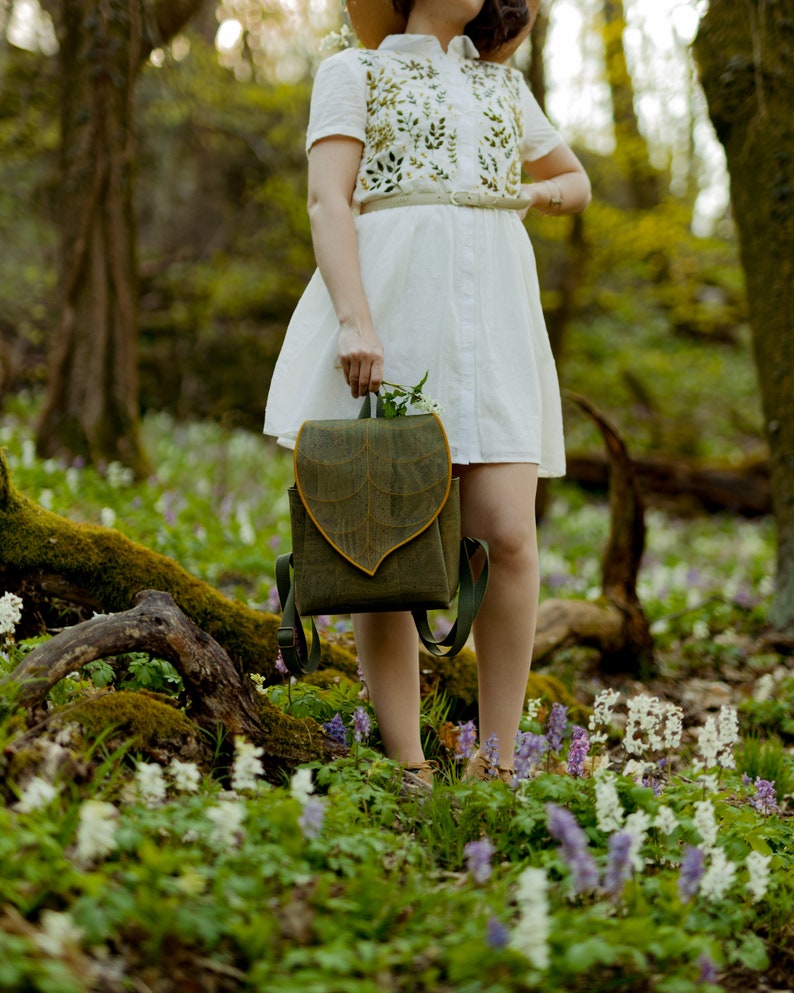 SPRING SALE 45% OFF - Green Cork Leather Leaf Backpack