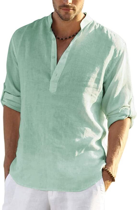 Men's Cotton Linen Henley Shirt Long Sleeve Hippie Casual Beach T Shirts