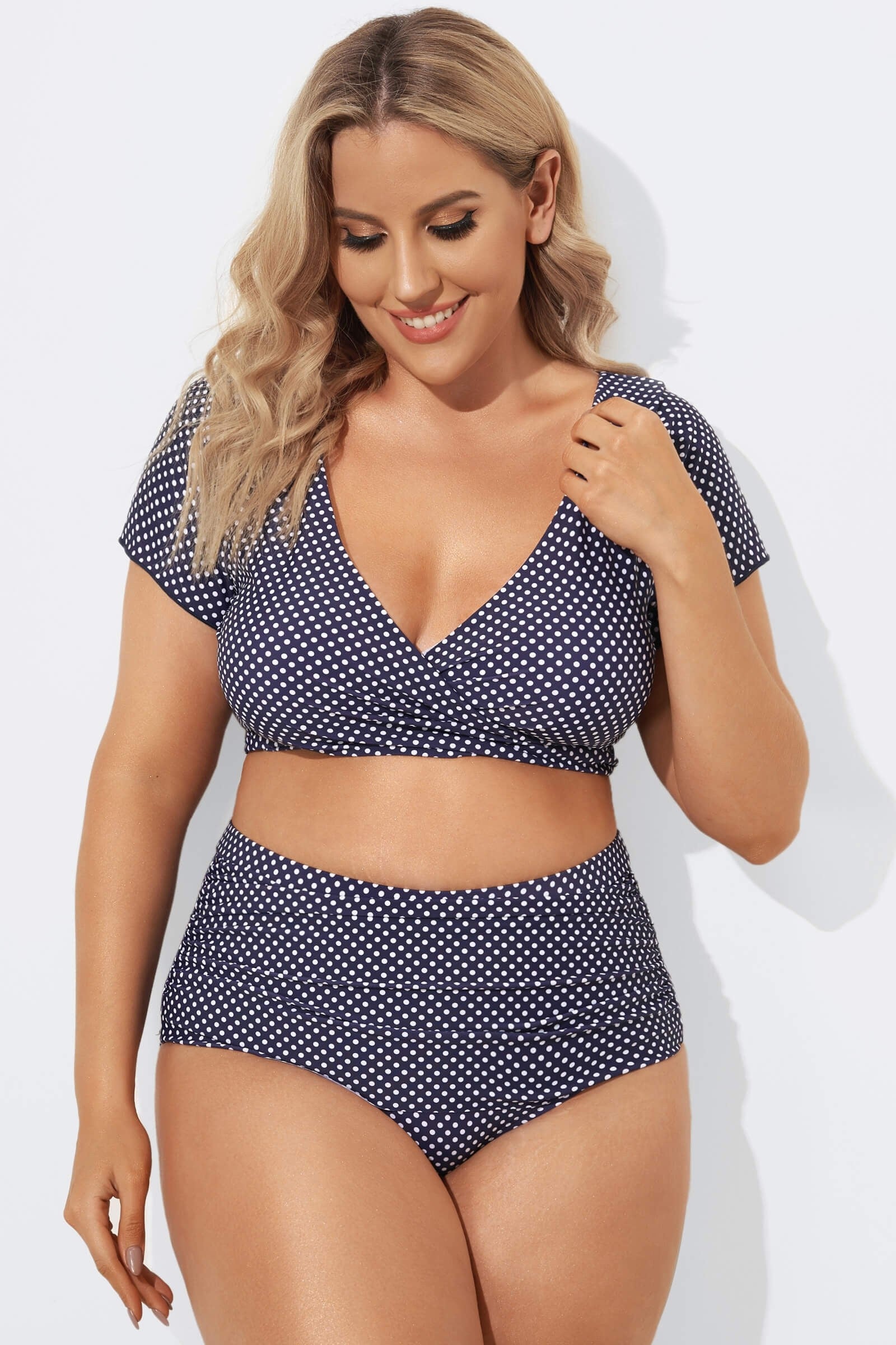 Navy and White Dots Ruched Skirted Bikini Set