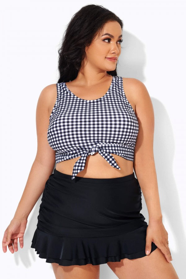 Black & White Gingham Knotted Crop Bikini Top