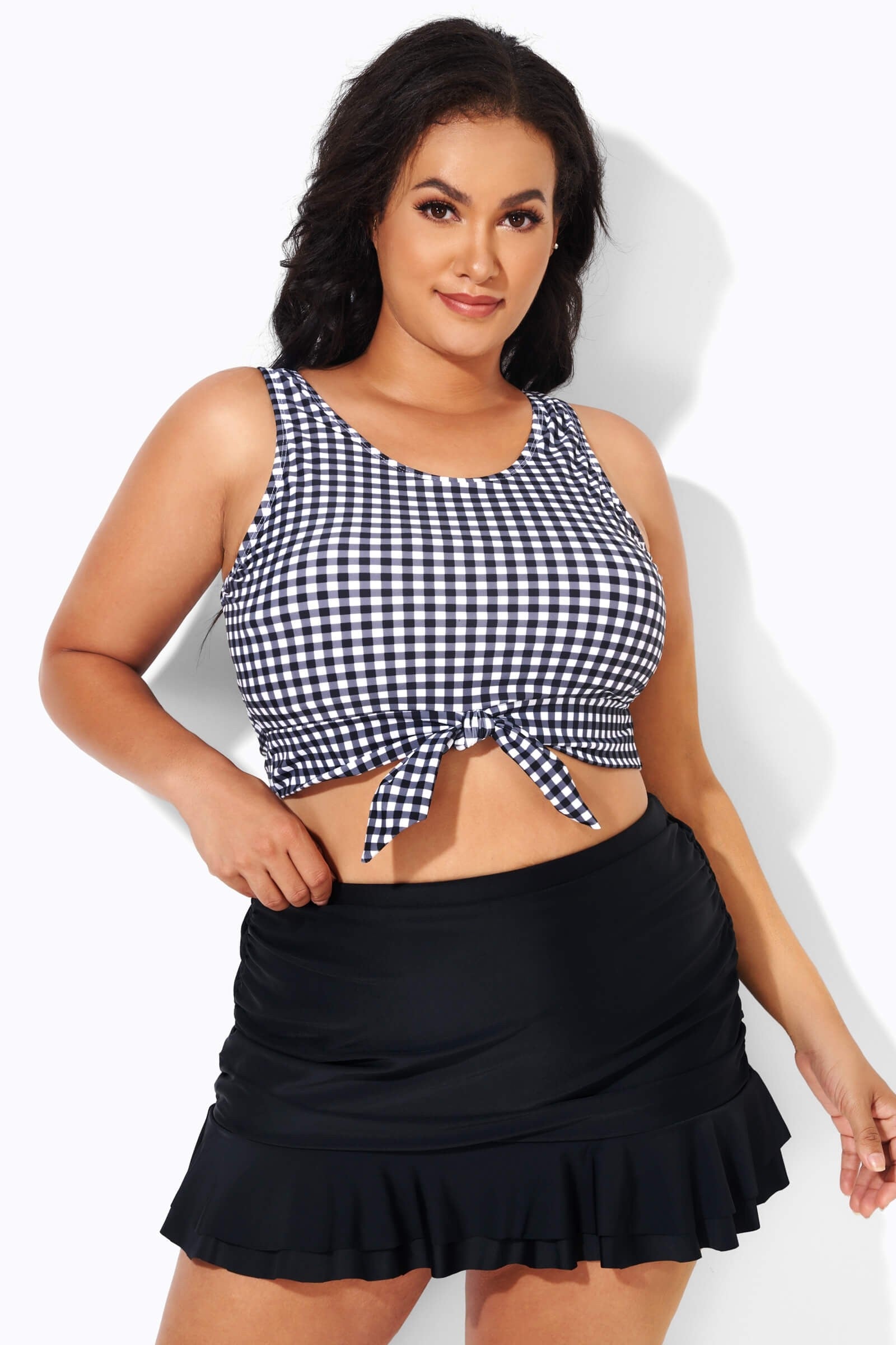 Black & White Gingham Knotted Crop Bikini Top