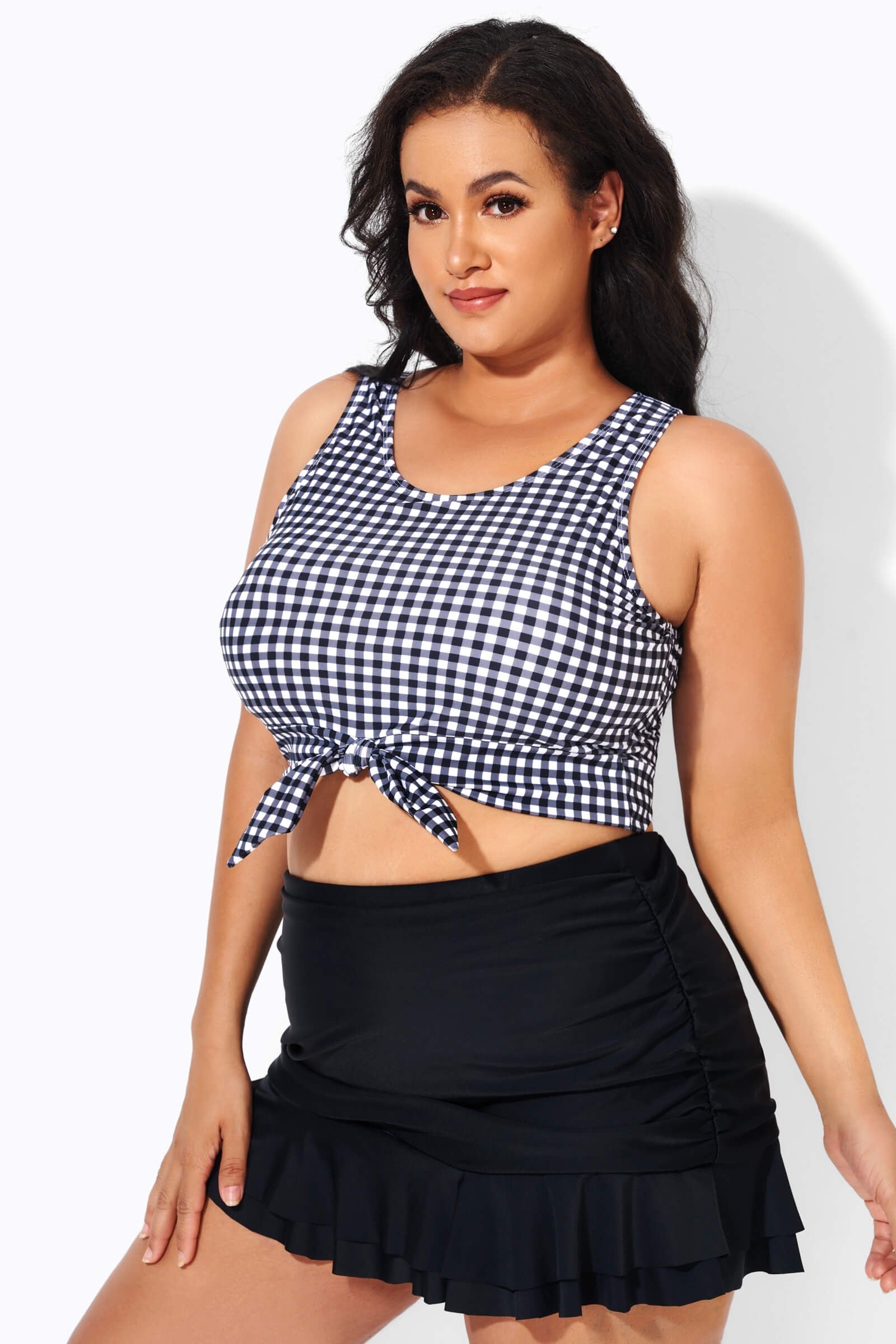 Black & White Gingham Knotted Crop Bikini Top