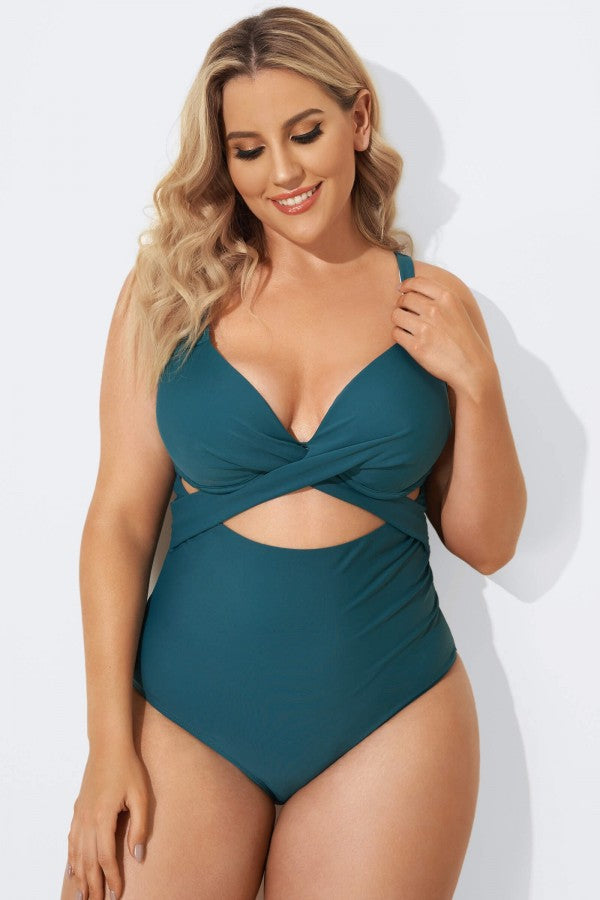 Green Modest Cut-out One Piece Swimsuit For Lady