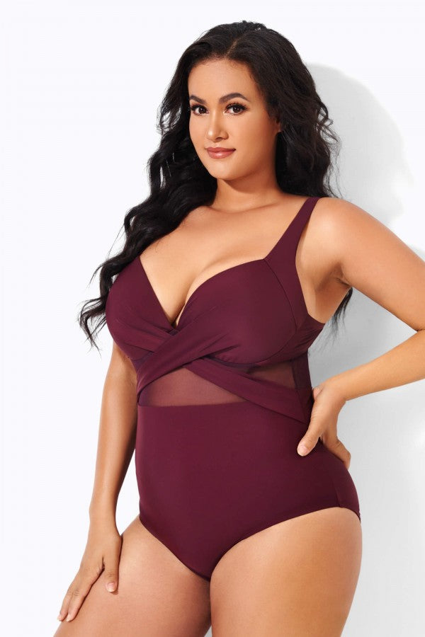 Wine Cut Out Mesh Fashion One Piece Swimsuit