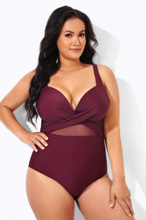 Wine Cut Out Mesh Fashion One Piece Swimsuit