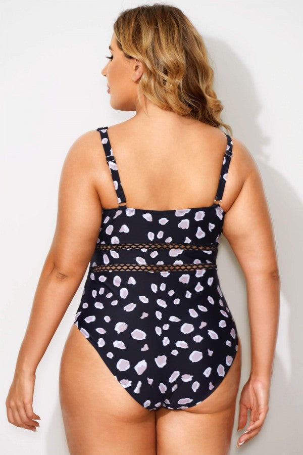 Vintage Printed Lattice V-neck One Piece Swimsuit