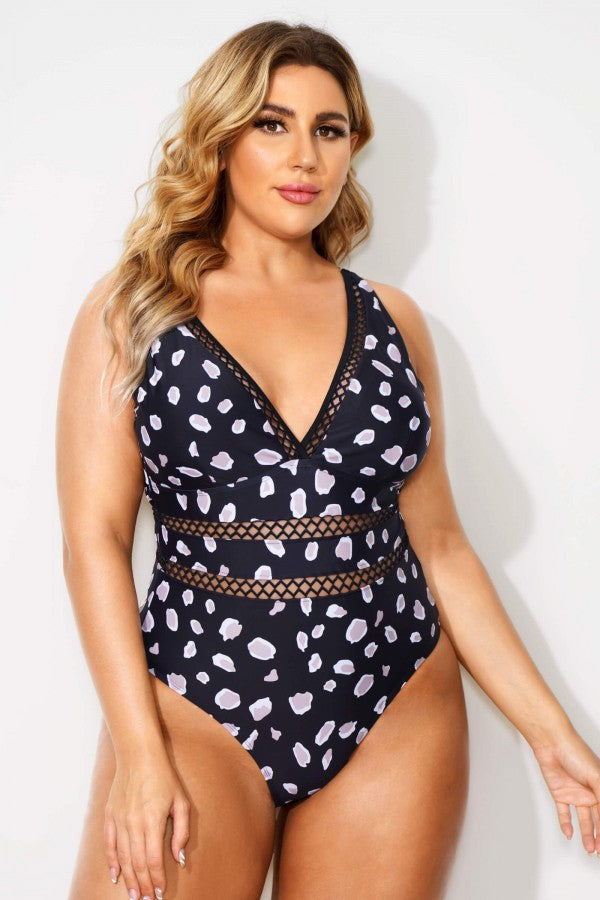 Vintage Printed Lattice V-neck One Piece Swimsuit