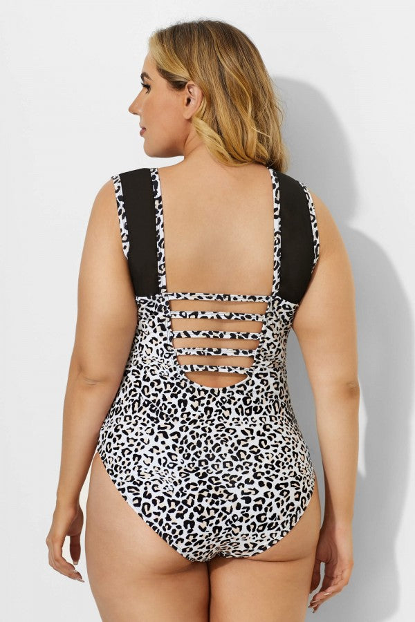 Leopard Printed Circle-Collar Mesh One Piece Swimsuit