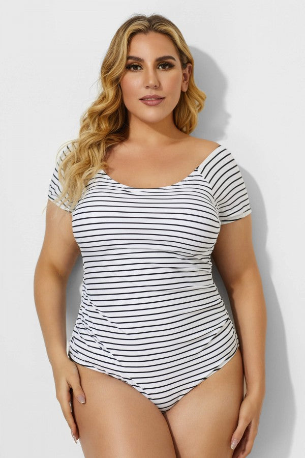 Black & White Stripes Modest Elastic One Piece Swimsuit