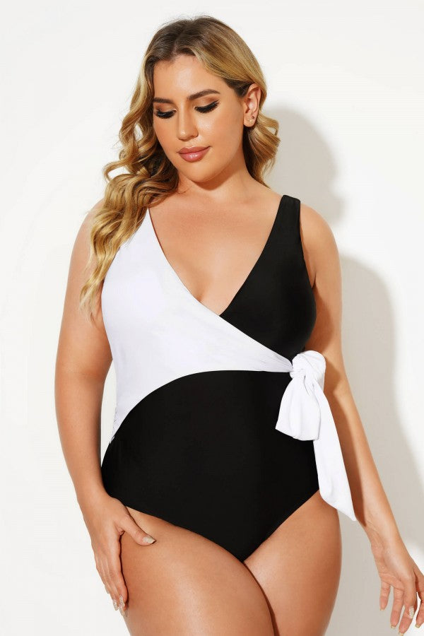 V-neck Waist Tie Wrap One Piece Swimsuit