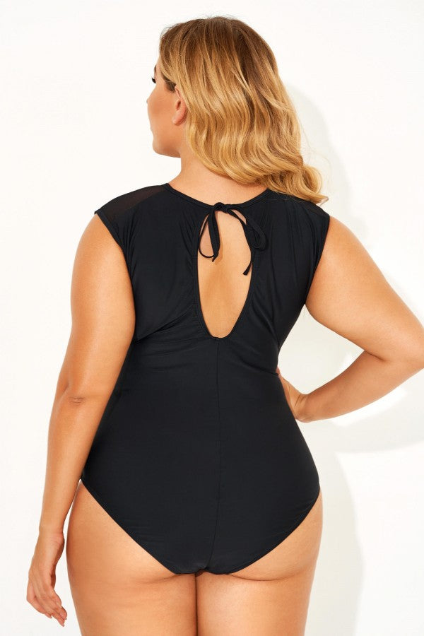 Black Sexy Mesh Shoulder One Piece Swimsuit