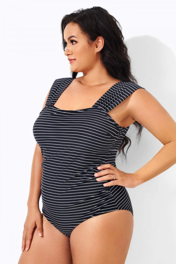 Black & White Striped Thick Strap One Piece Swimsuit