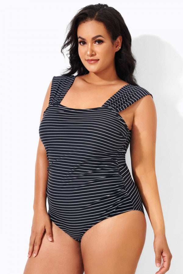 Black & White Striped Thick Strap One Piece Swimsuit