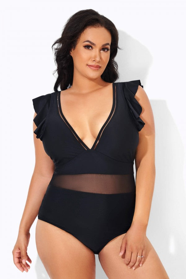 Black Ruffle Plunge V Neck One Piece Swimsuit