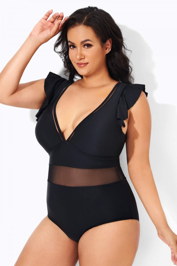 Black Ruffle Plunge V Neck One Piece Swimsuit