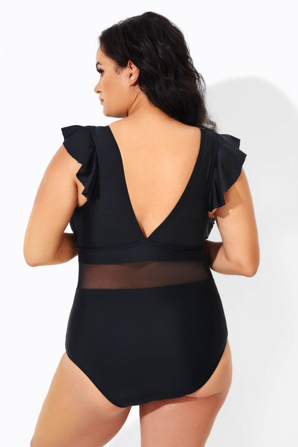 Black Ruffle Plunge V Neck One Piece Swimsuit