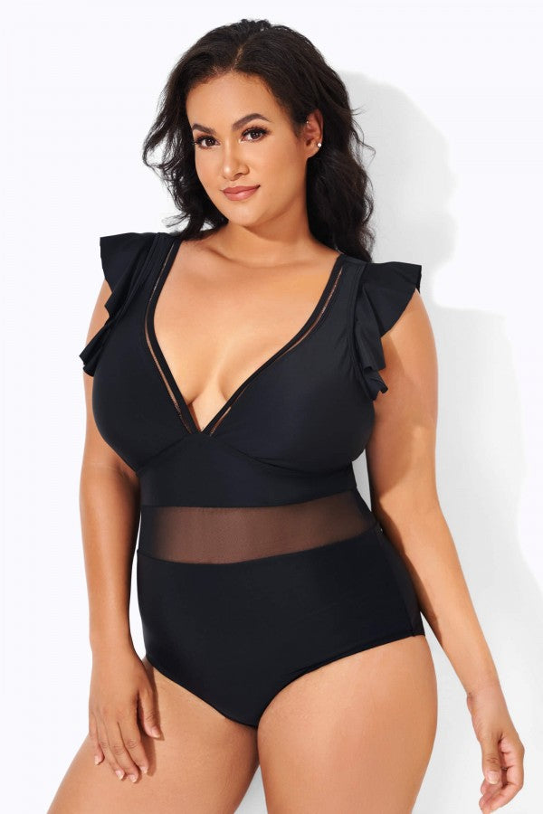 Black Ruffle Plunge V Neck One Piece Swimsuit