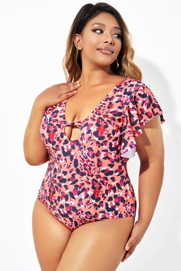 Printed Ruffle Shoulder Cupped One Piece Swimsuit