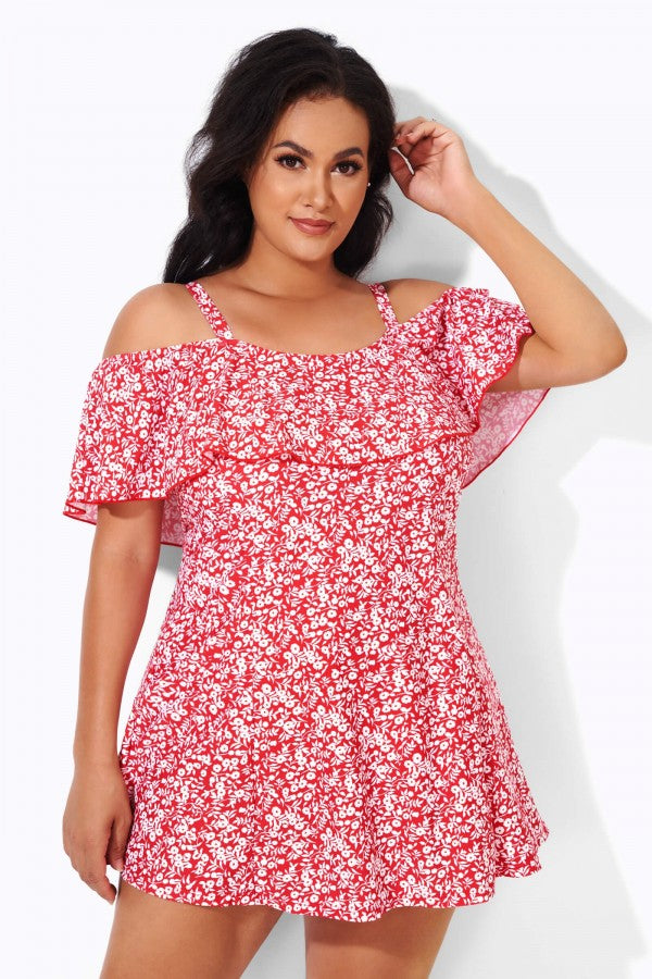 Red Floral Printed Off-the-Shoulder Swimdress