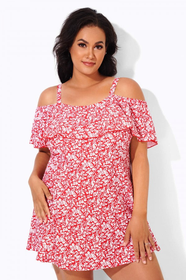 Red Floral Printed Off-the-Shoulder Swimdress