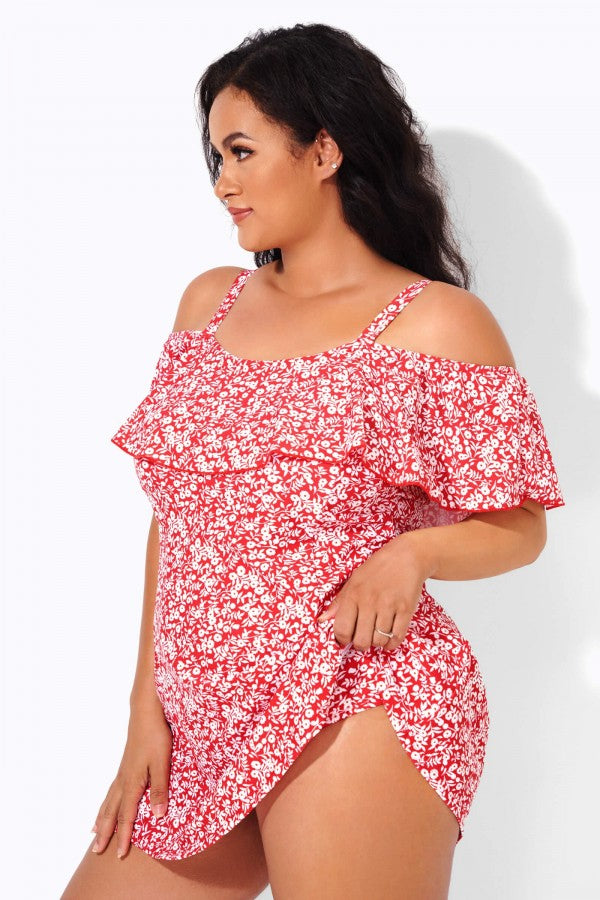 Red Floral Printed Off-the-Shoulder Swimdress