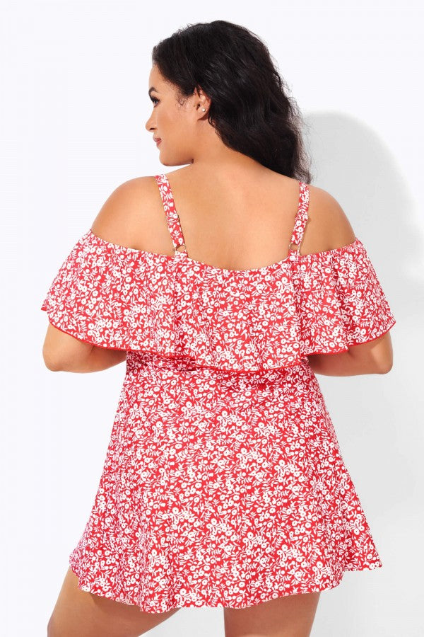 Red Floral Printed Off-the-Shoulder Swimdress