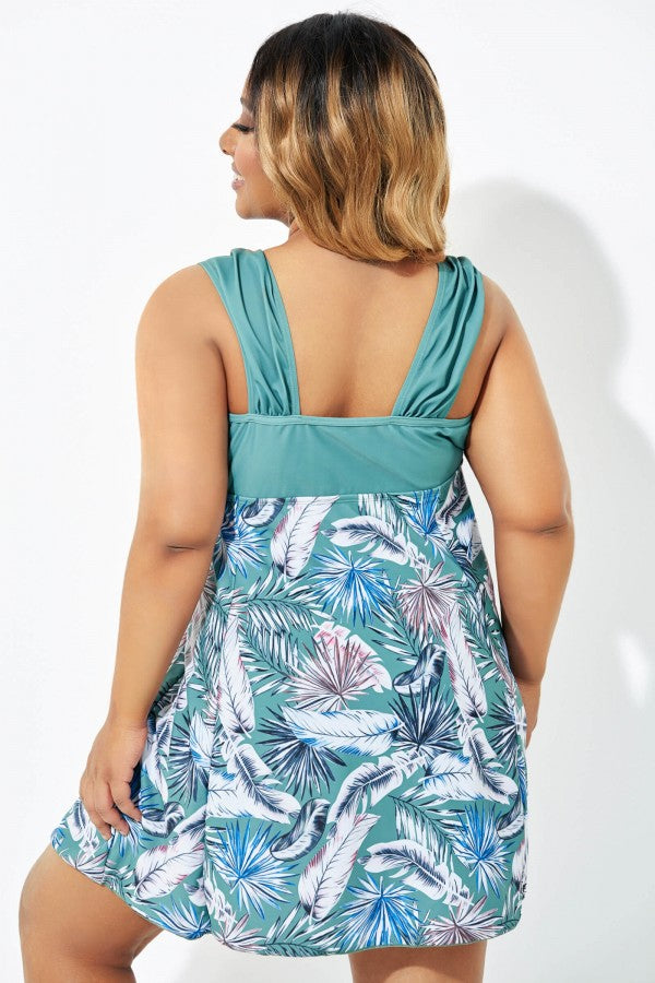 Green Leaf Print Wide Strap Knot Swimdress